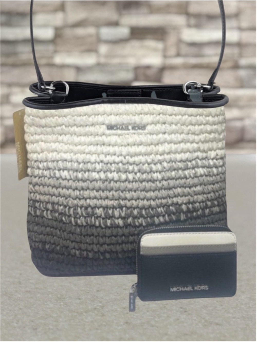 Michael Kors Pratt Ombré Woven Tote Bag & Matching Wallet Black White Gray